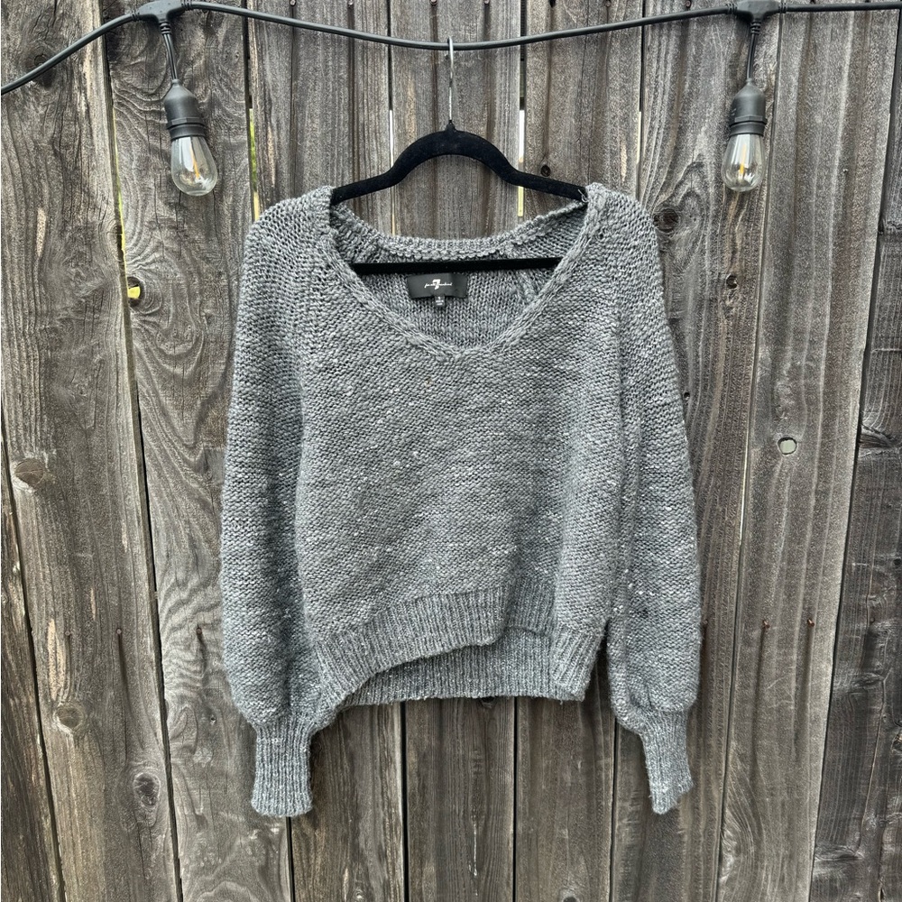 7 for All Mankind Grey and Metallic Silver Chunky Knit V Neck Long Sleeve Sweate